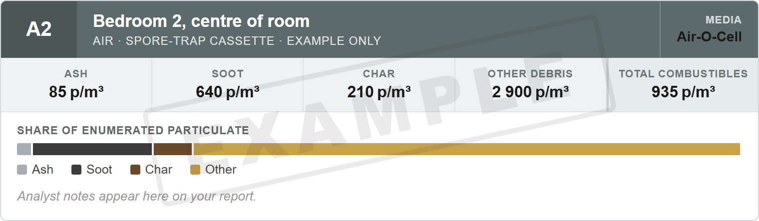 Example air result card with illustrative figures: ash 85, soot 640, char 210 and other debris 2,900 particles per cubic metre, with total combustibles of 935 particles per cubic metre